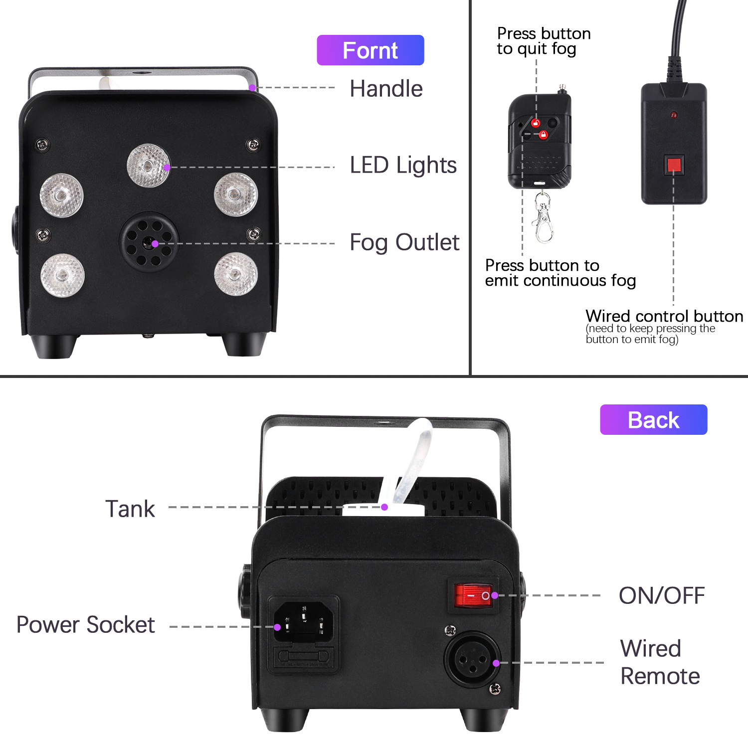 Fieryzeal Fogger 500W 5 RGB Beads Smoke Machine Remote Control DJ Light Party Machine Stage Machine for Club Concert