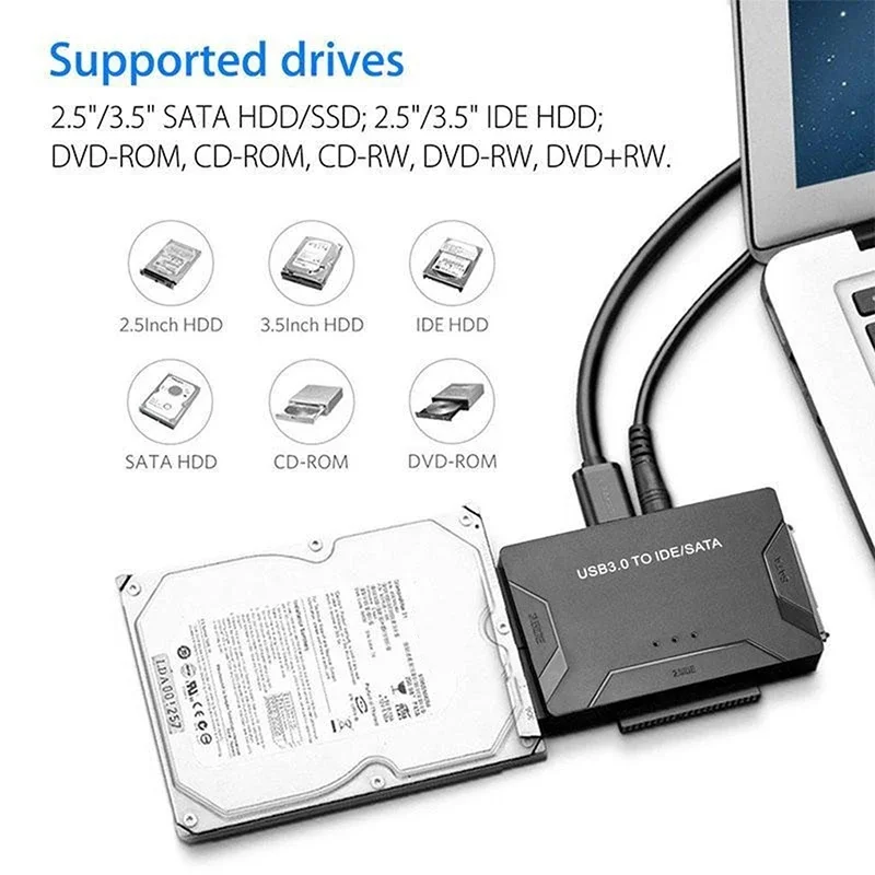 SATA/IDE zu USB 3.0 Adapter Festplattenadapter Konverter für Universal 2,5/3,5 Zoll IDE SATA HDD SSD mit 12V 2A Netzteil