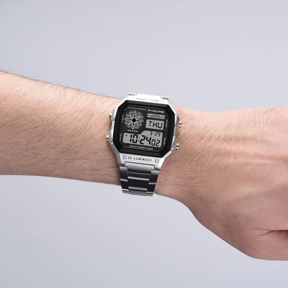 PANARS Top Luxo Aço Inoxidável Strap Esporte Relógios Mens À Prova D 'Água Back Light Digital Relógio De Pulso Masculino Alarme