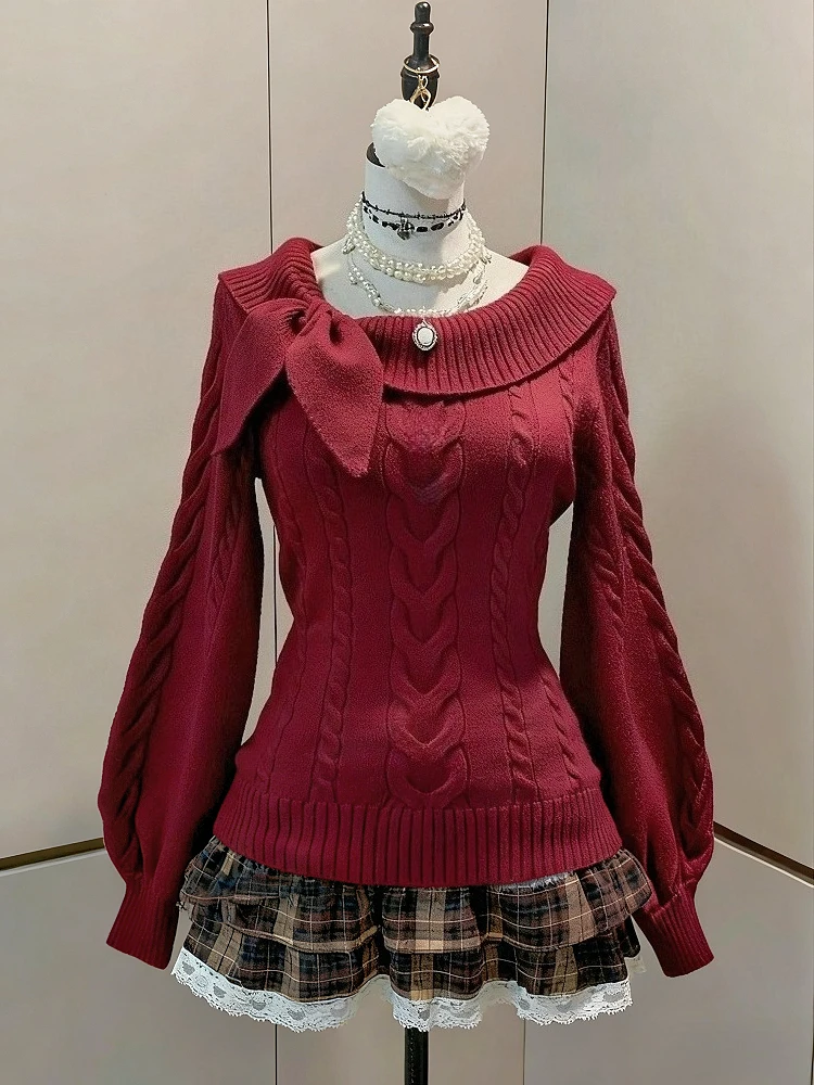 Weihnachten Dünne Bogen Gestrickte Pullover Weibliche Süße Spitze Japanischen Lose Pullover Büro Dame Herbst Y2k Winter Schlank Jumper Outfits