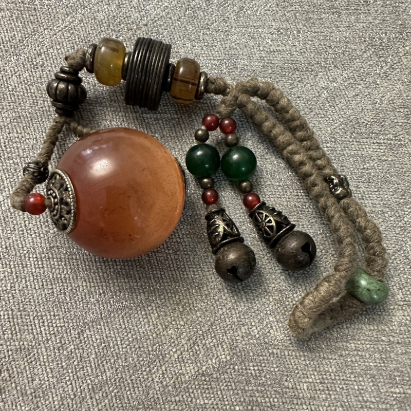 Antique Retro Old Patina Red Cat's Eye Stone Round Ball Old Glass Handheld Jade Pendant Cultural Play Accessory