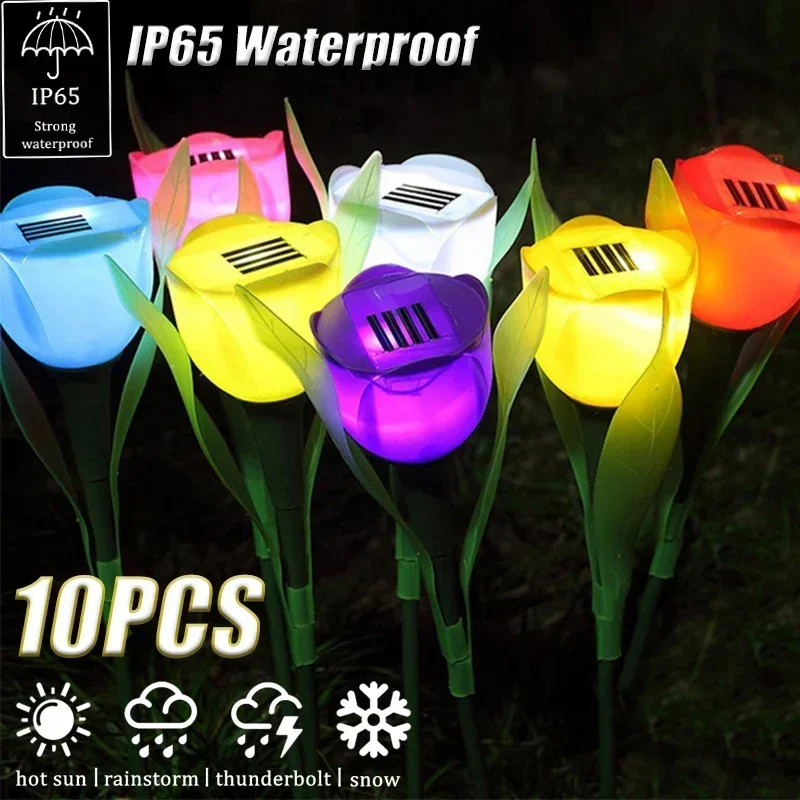 Luz solar led ao ar livre tulipa rosa flor lâmpada paisagem jardim decoração lâmpada do gramado à prova dwaterproof água luzes do jardim ao ar livre luzes solares