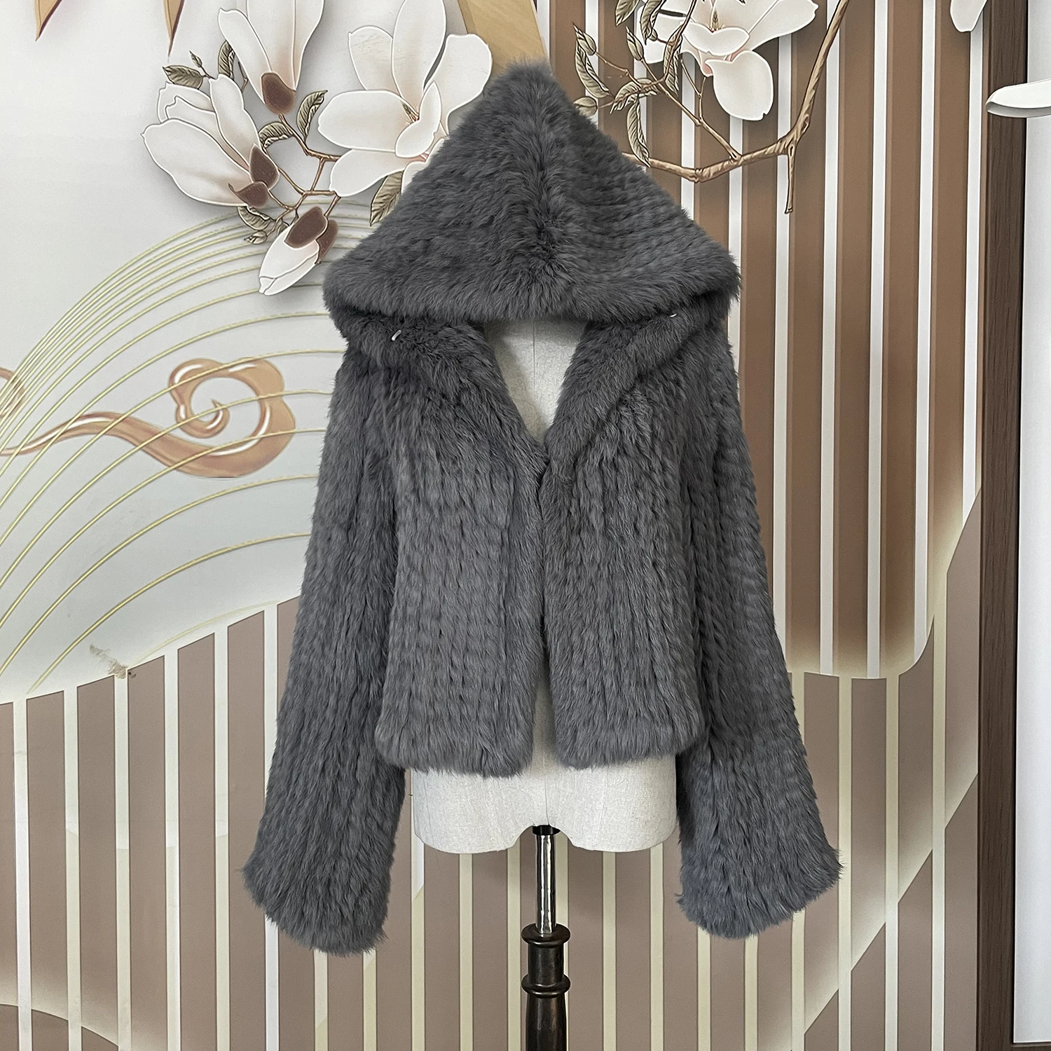 Echt Konijnenbont Jas Met Capuchon En Lange Mouwen, Losse, Gebreide Jas Van Echt Bont Met Capuchon, Damesbovenkleding