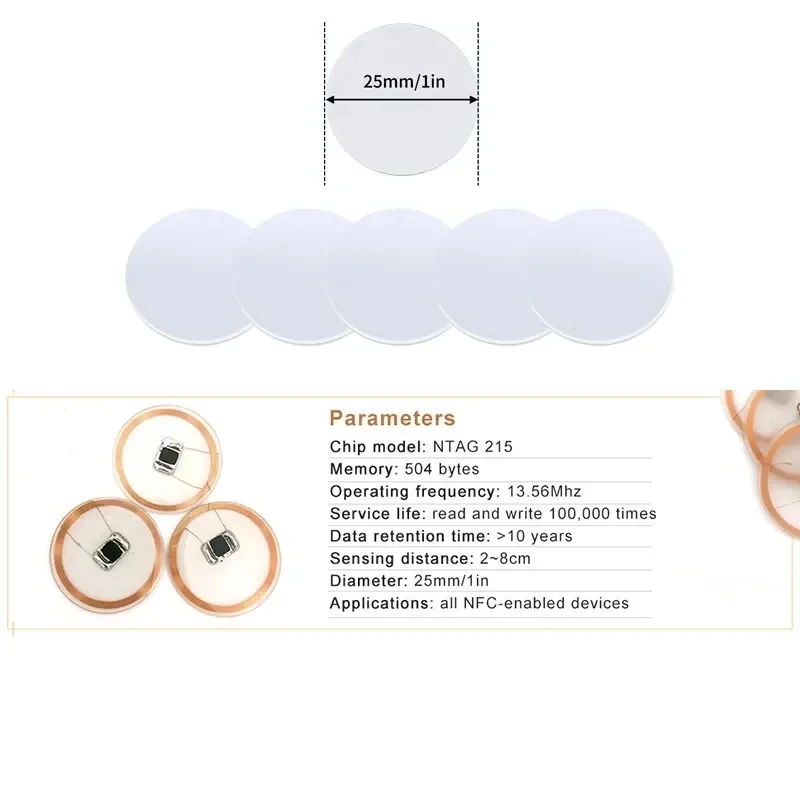 NFC Ntag215 13,56 MHz NFC tarjeta de unión de monedas insignia ISO/EC14443A 25mm impermeable PVC 215 etiquetas electrónicas