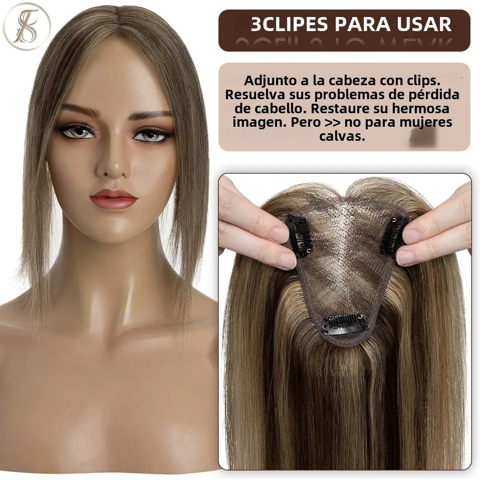 TESS Hair Toppers 8x10cm hecho a mano mujeres Topper pelucas de cabello Natural Clip de cabello en extensiones de cabello humano postizo de encaje de un solo nudo