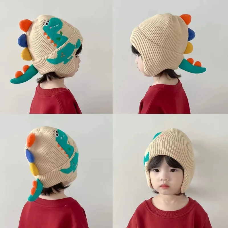 Winter Warm Baby Gehoorbescherming Hoed 3D Dinosaurus Kinderen Oorbeschermers Cap Cartoon Peuter Wollen Gebreide Hoeden 2-6 jaar Kinderen Mutsen