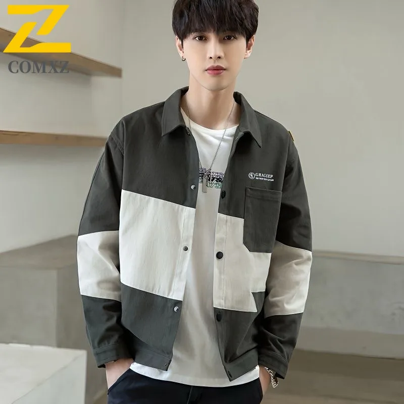 Jaket Pria Trendy 2025 Katun Kerah Lipat Longgar Kasual Sporty Blok Warna Mantel Hiking Travel Kerja Aktivitas Luar Ruangan Windbreaker