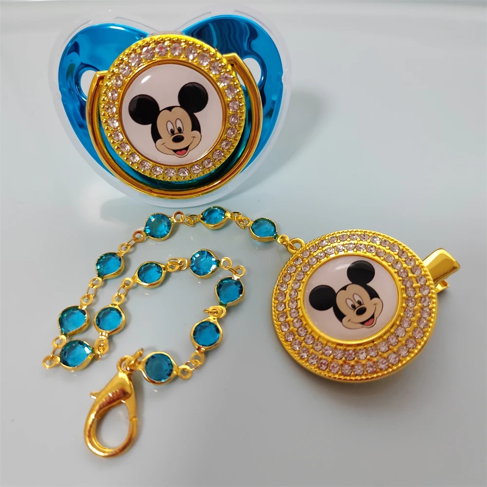 Mickey Mouse Head Baby Pacifier Pearl Chain clip Newborn BPA free Deluxe Bling Pacifier Silicone dummy Soother Chupeta0-24 month