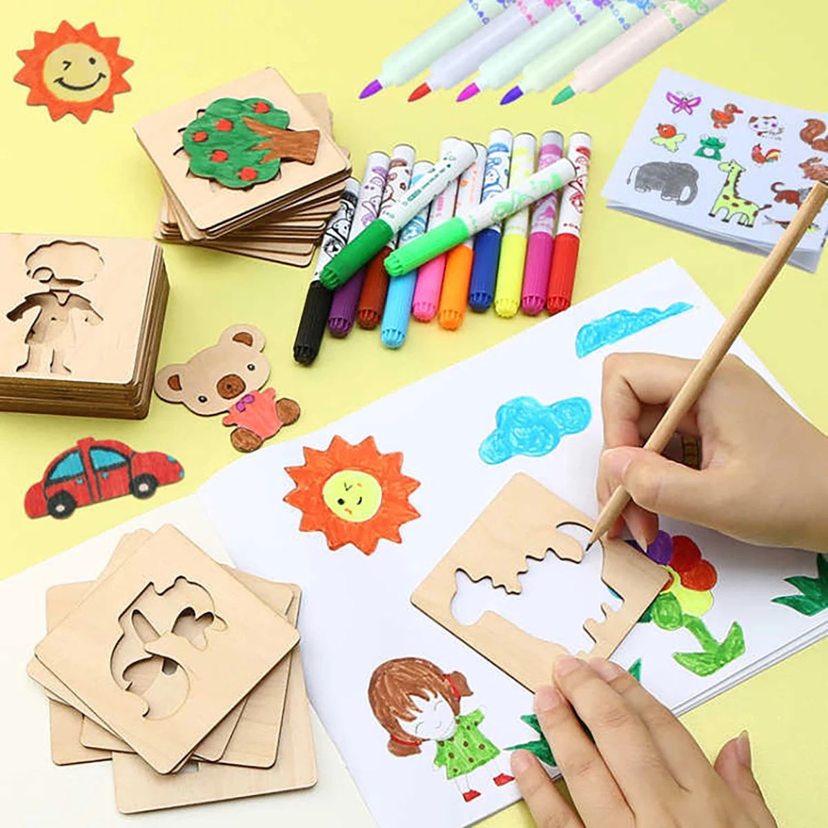 20 ชิ้น Montessori เด็กวาดของเล่นไม้ DIY ภาพวาดแม่แบบลายฉลุหัตถกรรมของเล่นปริศนาของเล่นเพื่อการศึกษาสําหรับของขวัญเด็ก
