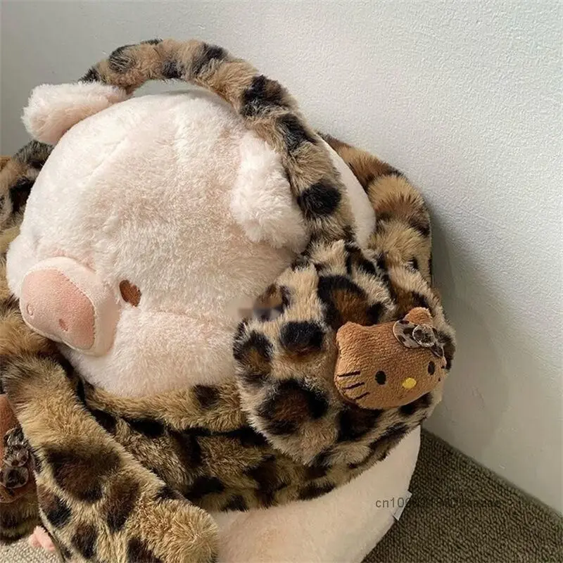 Sanrio-orejeras con estampado de leopardo para niña, bufanda cálida de felpa suave, versión coreana, accesorios de moda, Hello Kitty Y2k, Invierno