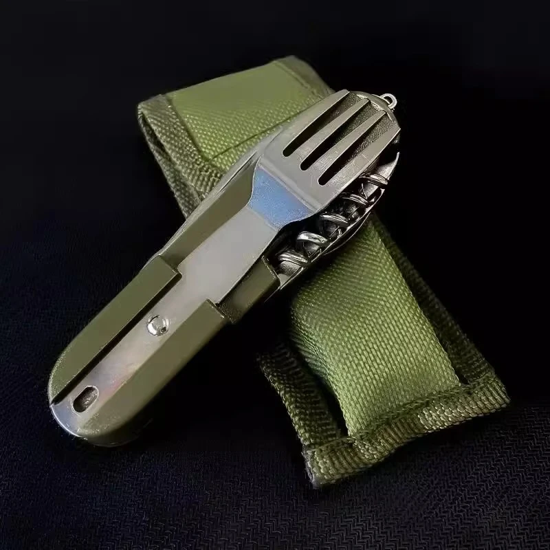 Attrezzatura da campeggio 7 in 1 Set combinato portatile con cucchiaio forchetta coltello e apribottiglie da viaggio, stoviglie stile zaino