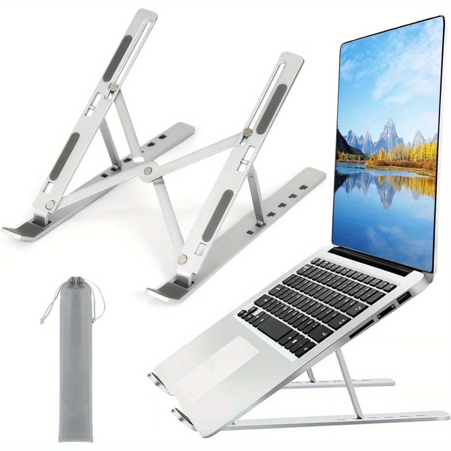 Soporte de aluminio ajustable para computadora portátil: altura de 6 niveles, diseño plegable y portátil para computadoras portátiles de 8-16 pulgadas, ventilación y calor mejorados