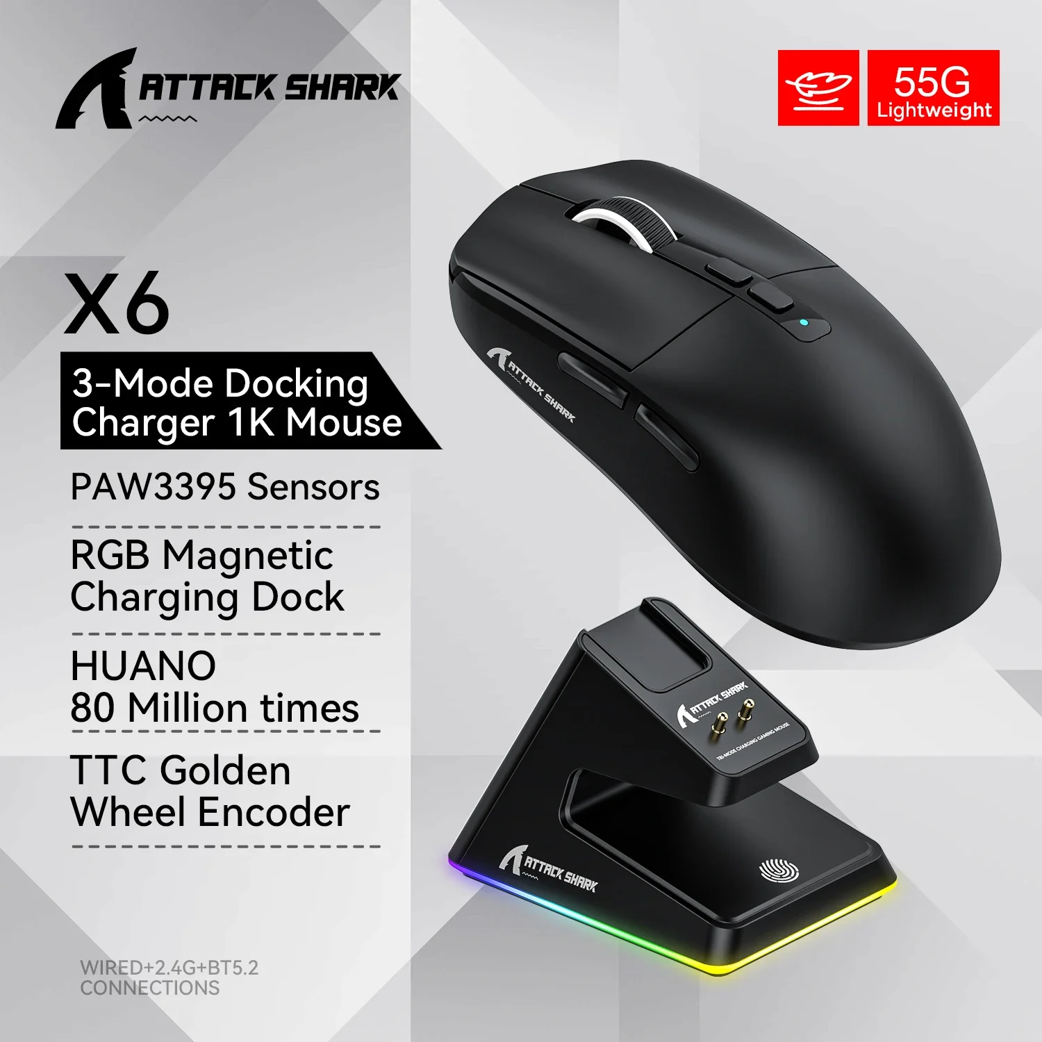 Ratón inalámbrico Bluetooth Attack Shark X6 PAW3395 2,4G conectividad triple modo RGB táctil base de carga magnética ratón Macro para juegos