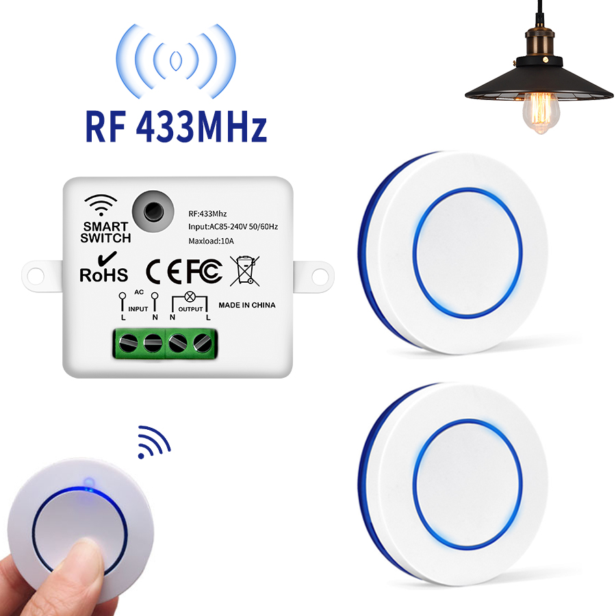 433MHz รีโมทคอนโทรลไร้สายสวิตช์ไฟ 220V 110V 10A รีเลย์ Controller MINI รอบปุ่มแผงสวิทช์สําหรับไฟ LED
