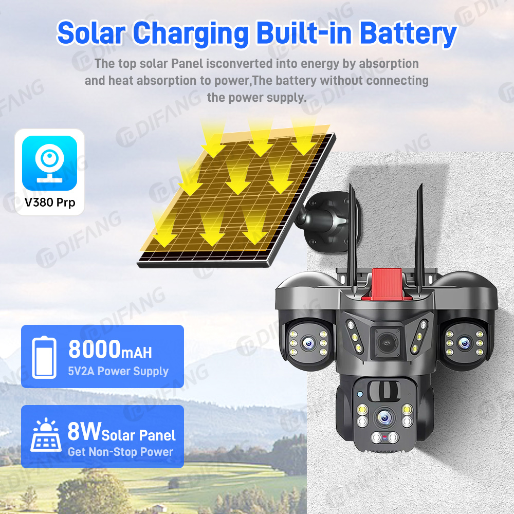 8K 15MP Wireless WiFi Solar Camera Three Lens Three Screen 4G Sim Card Solar Cam Human Detection Outdoor Solar Surveillance V380