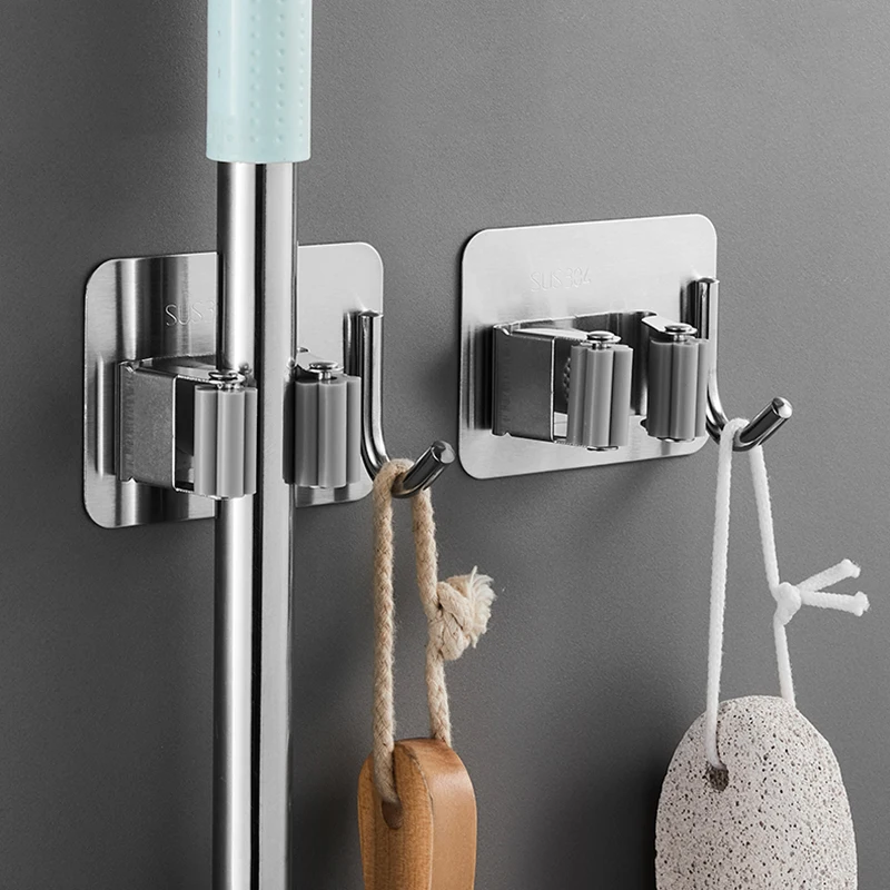 Home Storage Rack ห้องน้ําดูดแขวนท่อ Traceless Hooks ติดผนัง Mop ผู้ถือกันน้ําไม้กวาดแขวน