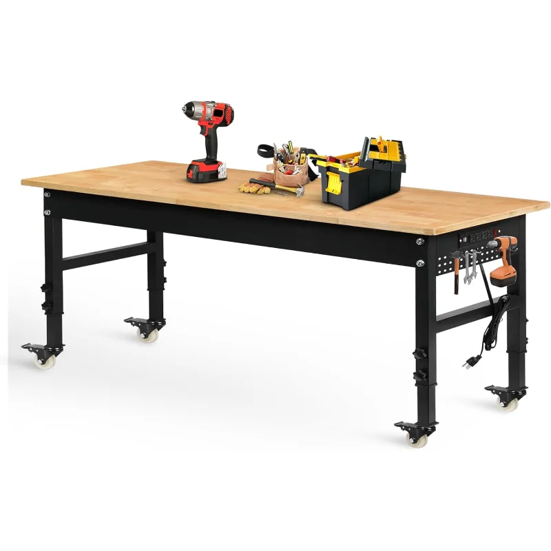 70" Adjustable Workbench on Wheels, 2000 LBS Heavy Duty Work Table with Power Outlets & Pegboard, Rubber Wood Workstation