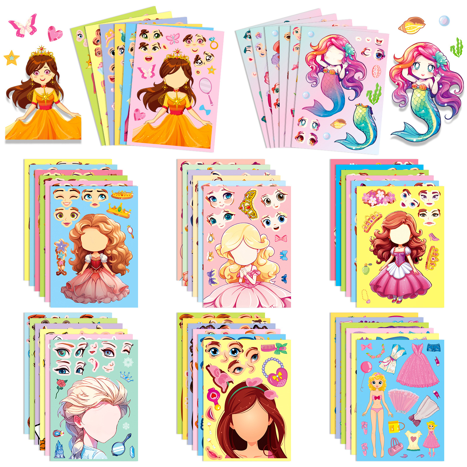 6-42Sheets bambini Puzzle fai da te Sticker Games 6 Princess Mermaid Make A Face Funny assemblare Jigsaw Stickers giocattoli educativi per bambini