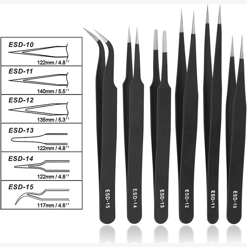 6PCS ESD Anti-Static แหนบสแตนเลส Precision Maintenance อุตสาหกรรมซ่อมโค้งบ้านทํางานมือโทรศัพท์นาฬิกาเครื่องมือ