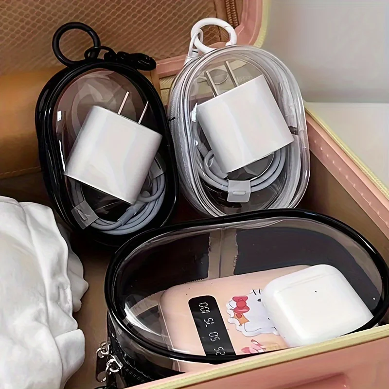 Mini bolsa de almacenamiento portátil transparente con cremallera, organizador que ahorra espacio para auriculares y cargadores, versátil con práctico lazo para llavero