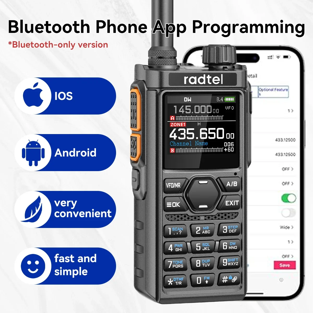 Radtel RT-910B 45-59Mhz TX RX Walkie Talkie 960 canales, AM/FM, banda aérea, espectro tipo C con reducción de ruido Bluetooth NOAA
