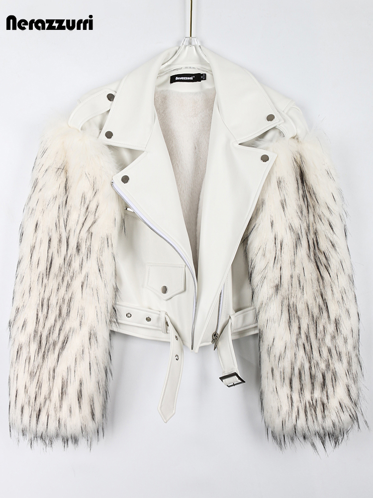 Nerazzurri Winter Dicke Warme Kühle Kurze Weiß Leder Biker Jacke mit Faux Pelz Innen und Langarm Runway Designer Mode