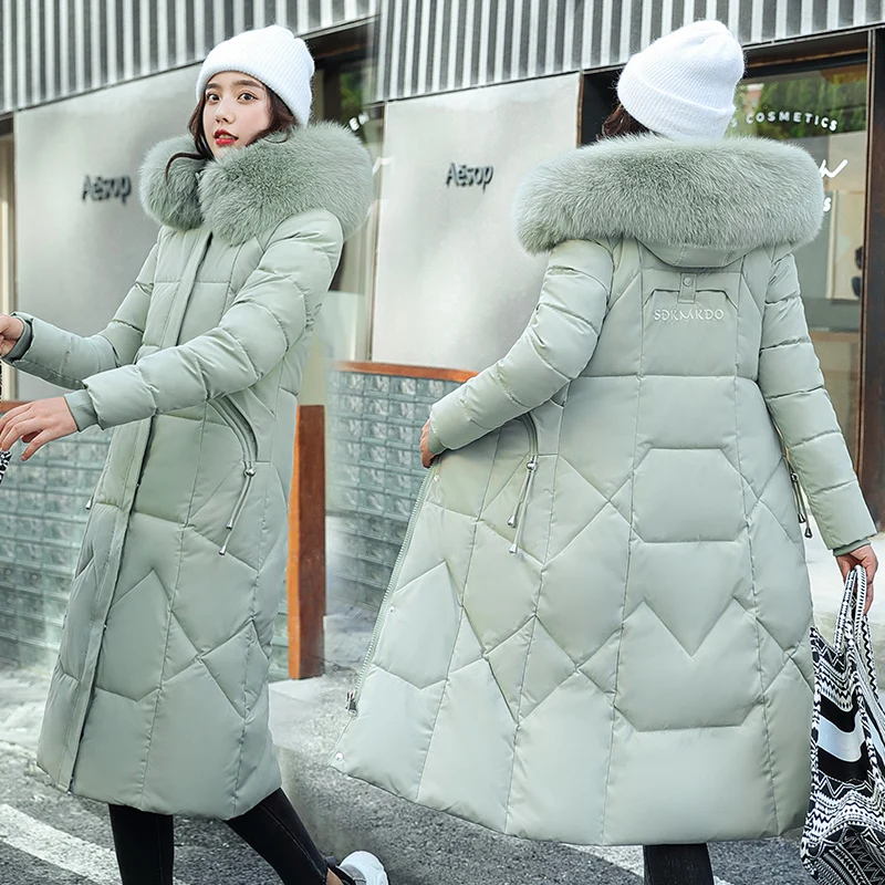 2023 新韓国ダウンコットンコート女性ロング冬フグパーカー厚く暖かいフード付き綿入りジャケットコートジッパーオーバーコート