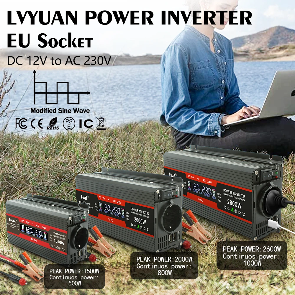 Inversor De Corriente Para coche, convertidor De Corriente De 12V y 220V con pantalla LCD automática, toma Universal De la UE