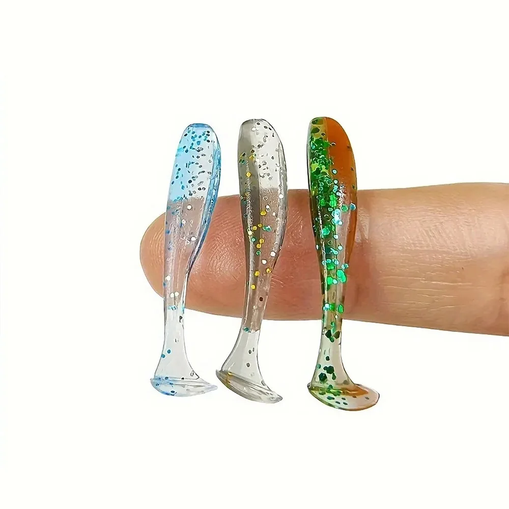 50 Uds Mini Señuelos de Pesca blandos, señuelo de gusano con cola en T, cebo Artificial de silicona, aparejos de pesca de Lucio