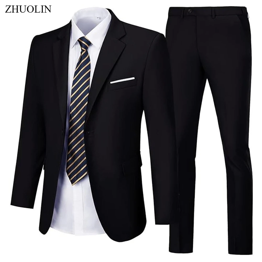 Garnitury Męskie Eleganckie Ślubne 2-częściowe Zestawy Marynarki Spodnie Slim Fit Blejzery Biznesowy Strój Formalny Moda Klasyczny Kostium 2025