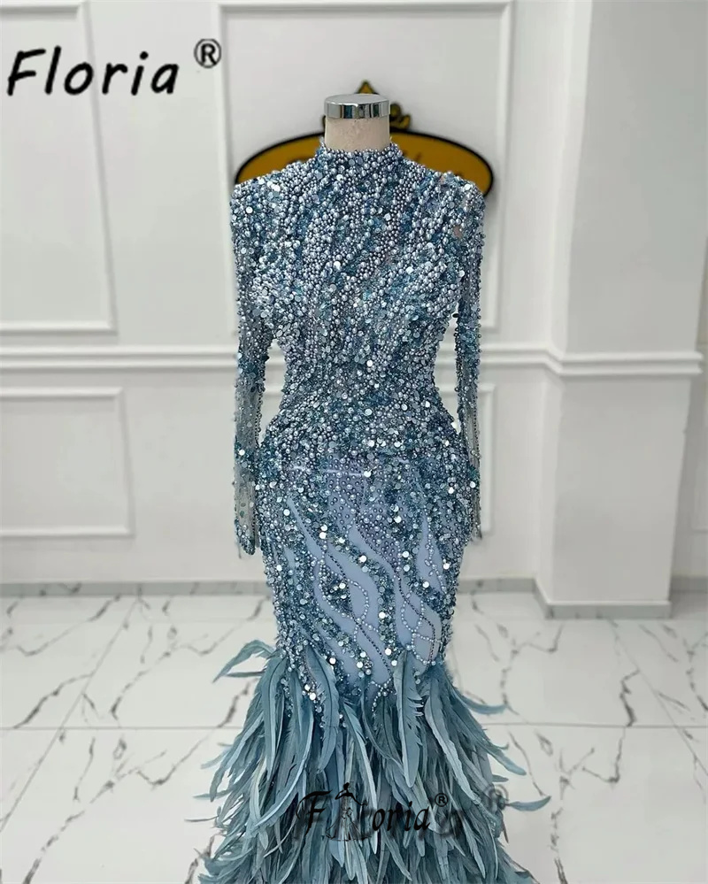 หรูหราเต็ม Feather ลูกปัดชุดราตรีอย่างเป็นทางการดูไบผู้หญิงแขนยาว Mermaid ชุดพิเศษงานแต่งงาน Prom Robes