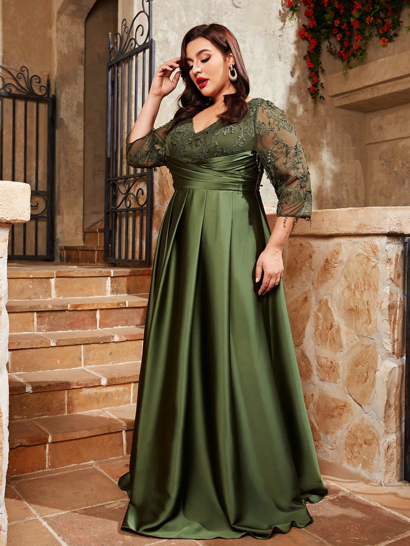 Mgiacy plus size com decote em v renda bordado mosaico pano de cetim dobrada à mão saia longa vestido de noite vestido de baile vestido de festa