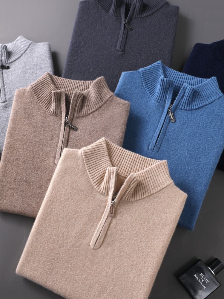 Chicuu suéter masculino 100% caxemira com zíper pulôver mock neck manga comprida básico malhas de caxemira outono inverno roupas tops