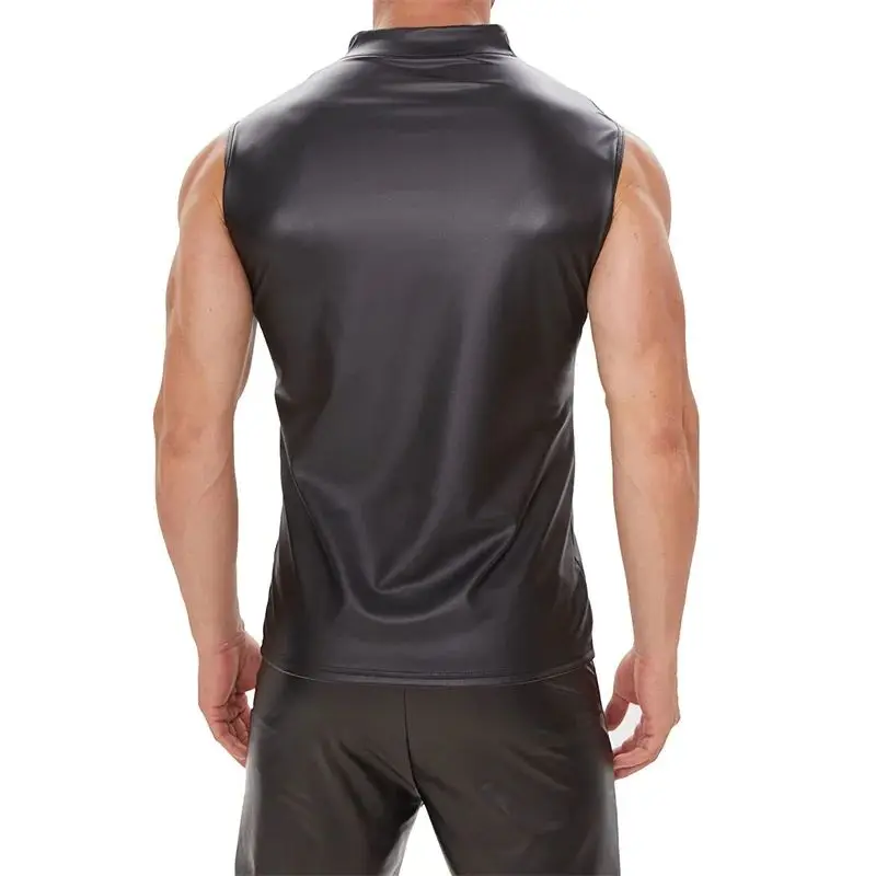 Männer Punk Stil Matte Schwarz Patent Leder Hemd Sommer Ärmellose Zipper Strickjacke Bluse Männlich Slim Fit Stretch Tops Casual Weste