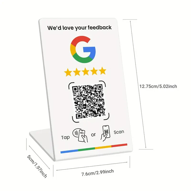 NFC 215, programmeerbare QR-code Google Review Card NFC-stationtabel NFC Google Reviews-display buigkaart staande merkbeugel
