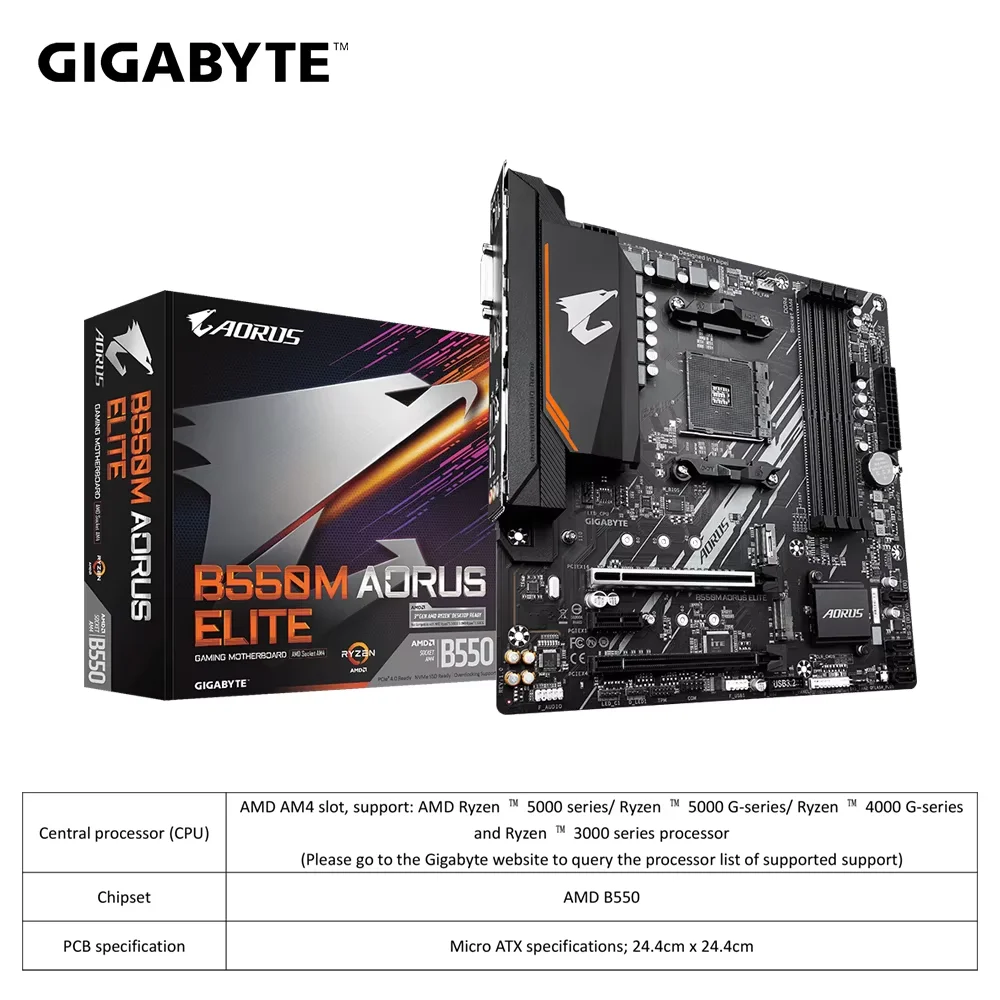 Gigabyte-B550M Aorus Elite Micro-ATX Placa-mãe AMD DDR4, B550, 128 GB, PCI - E 4.0, AM4, USB 3.2, canal duplo