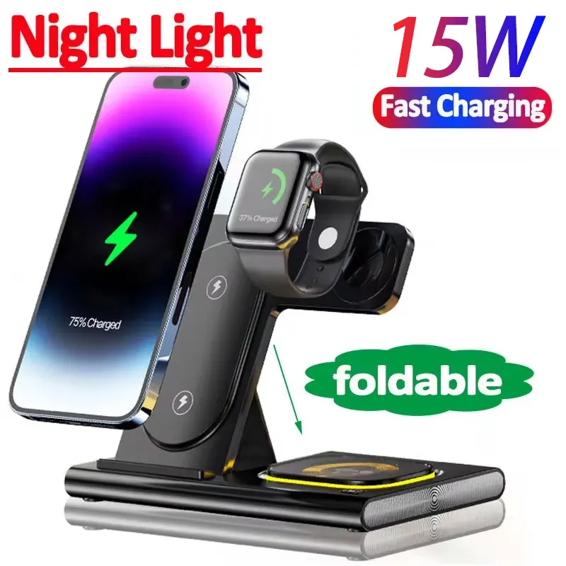 Supporto per caricabatterie wireless da 15 W 3 in 1 per iPhone 14 13 12 Pro Max Apple Watch 8 7 Samsung Watch 5 Airpods Dock station di ricarica rapida