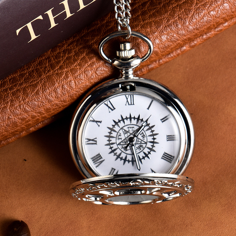 Creative silvery engraved hollow quartz pocket watch with Arabic numerals vintage pendant necklace for birthday gift chain