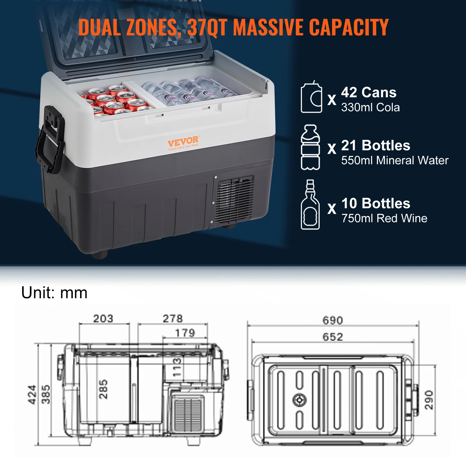 VEVOR 38L-53L Car Refrigerator Portable Mulifunction Fridge Freezer Cooler Ice Box for RV Travelling Camping Fishing Keep Cool