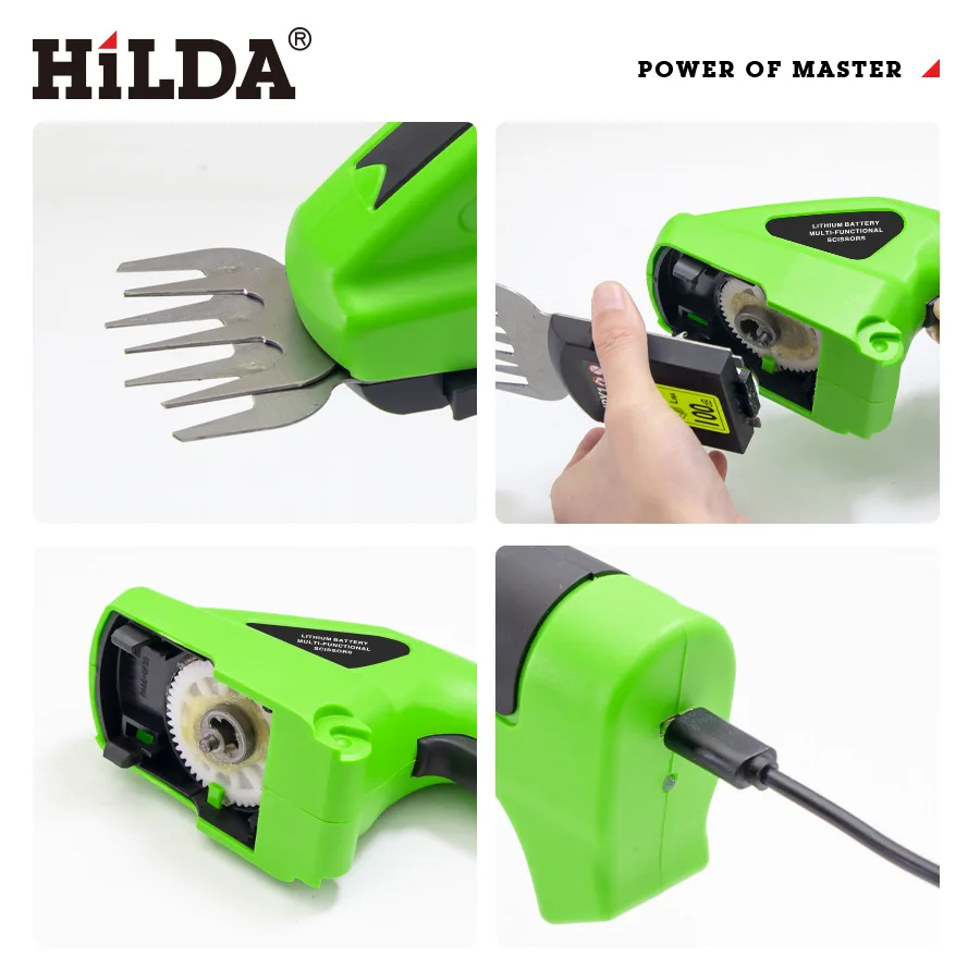 Hilda เครื่องตัดหญ้าไฟฟ้าเครื่องตัดแต่งกิ่งพุ่มไม้แบบ2-in-1, ที่กันจอนไม้พุ่มน้ำหนักเบาไร้สายสีเขียว