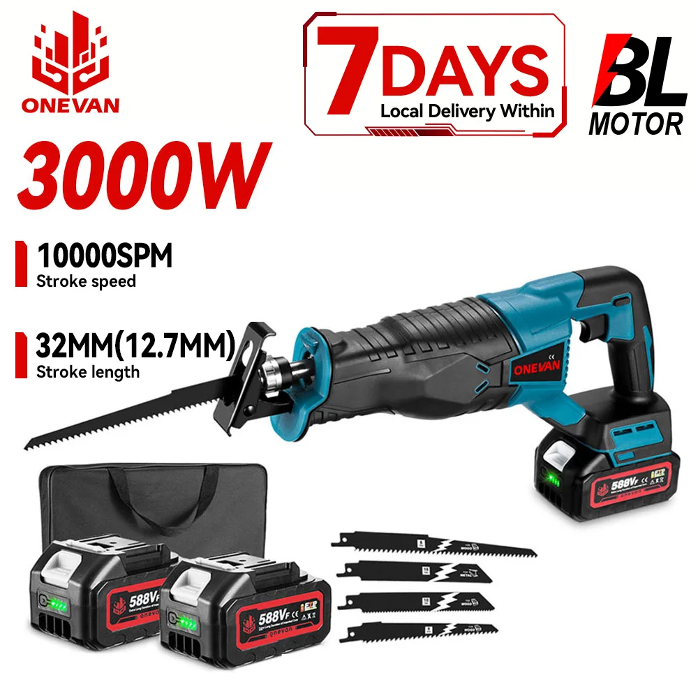 ONEVAN 3000W 10000SPM Borstelloze Draadloze Reciprozaag Hout Metaal Pijp Snijden Elektrische Zaag Kettingzaag Voor Makita 18v Batterij