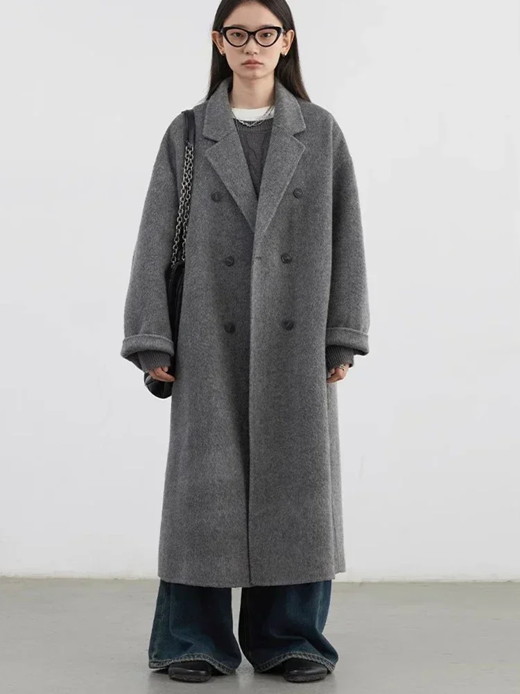 CHIC VEN Frauen Woolen Mantel Zweireiher Grundlegende Lose Beiläufige Retro Neue Lange doppelseitige Weibliche Mantel Herbst Winter 2024