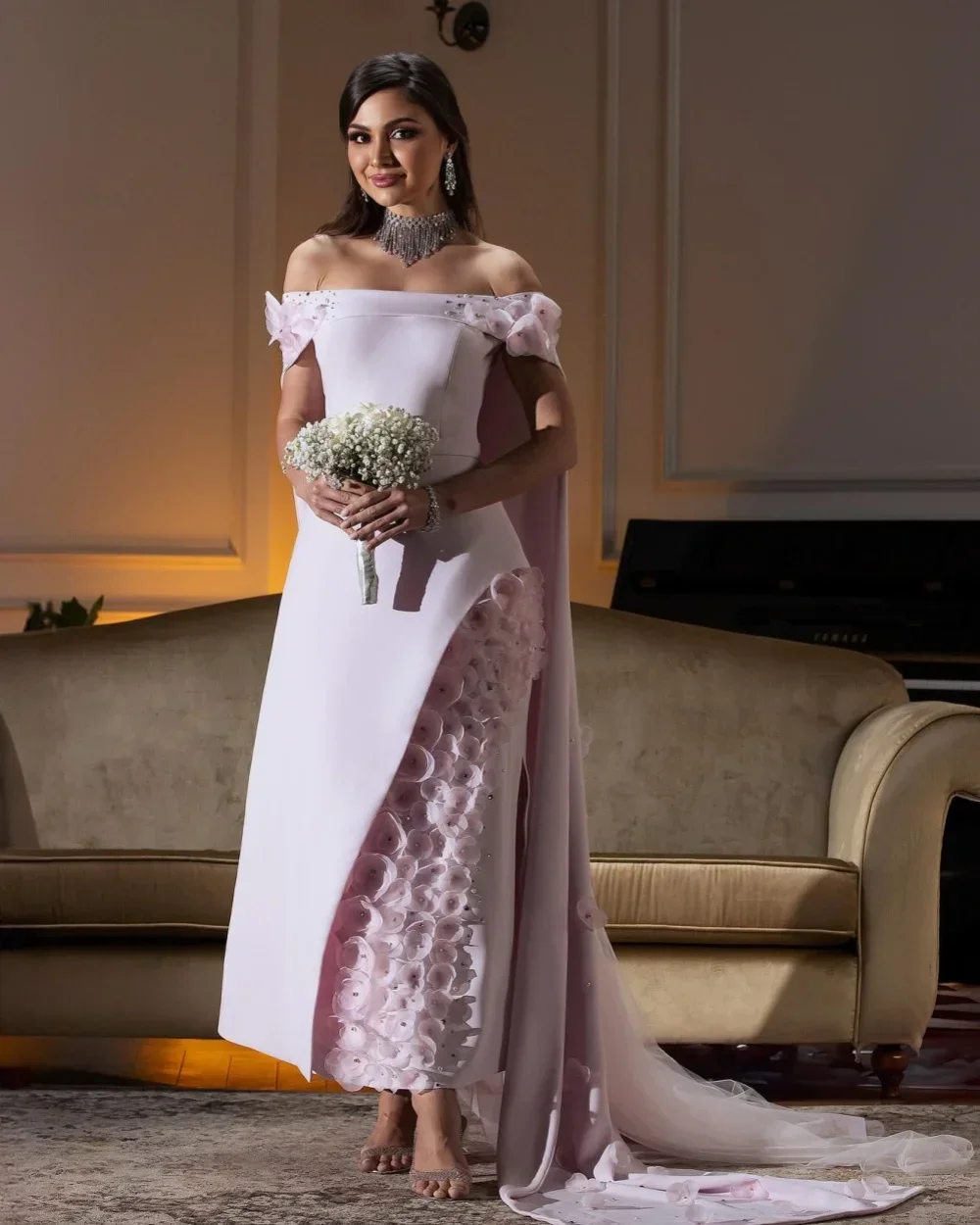 Personalizado intrincado jérsei flor a linha fora do ombro midi vestidos de baile clássico requintado estilo moderno pastrol queixo