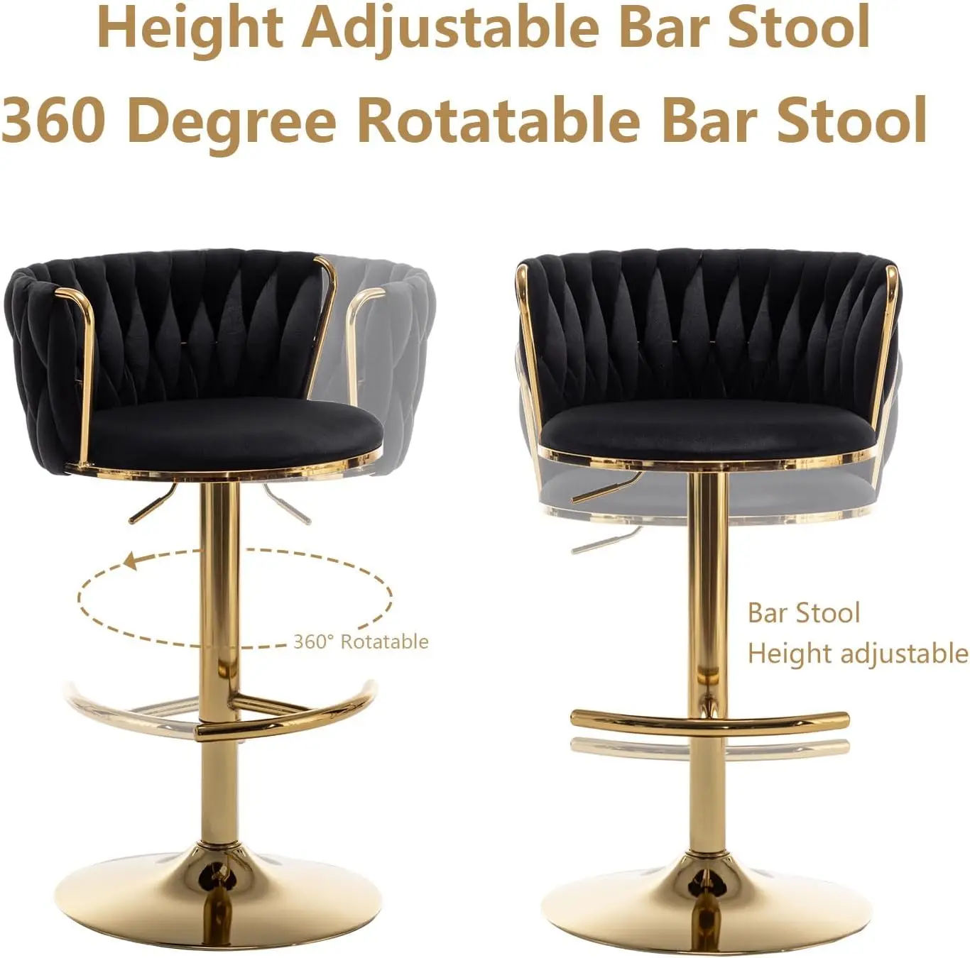 Velvet Bar Stools Set of 2, Counter Height Bar Stools with Low Back, Gold Swivel Bar Stools for Kitchen Island, Bar Pub (Black)