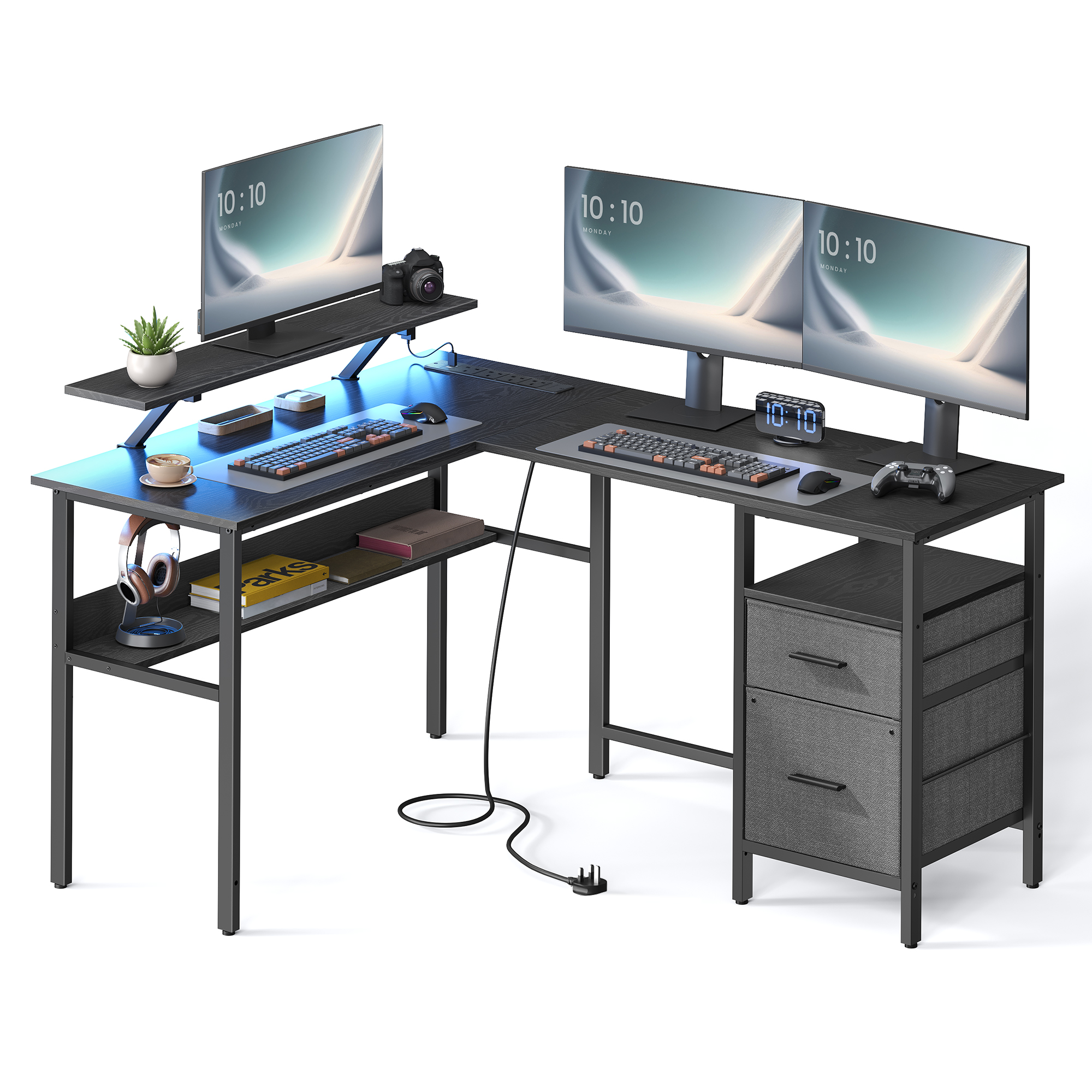 VASAGLE L-Shaped Desk with Power Outlets, Corner Desk, Gaming Desk with LED Lights, 2 Drawers, 2 USB Ports, 150x120x89cm