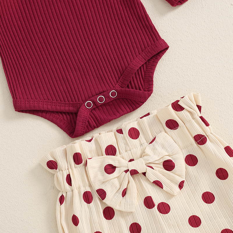 2024-06-07 Lioraitiin Baby Meisje Herfstoutfits Effen Kleur Ronde Hals Lange Mouw Romper Dot Print Lange Broek Hoofdband 3 Stuks Set