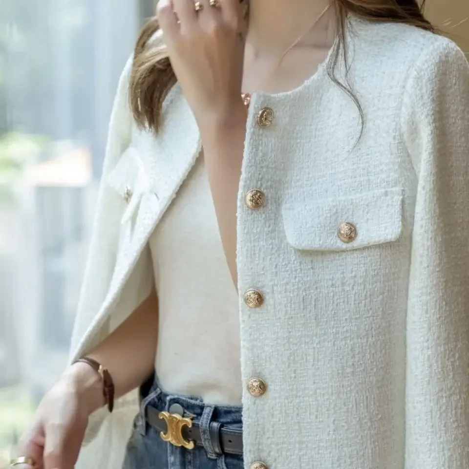 2025 lã tweed casaco moda high-end botão de ouro curto fino temperamento primavera e outono casacos coreanos jaqueta feminina