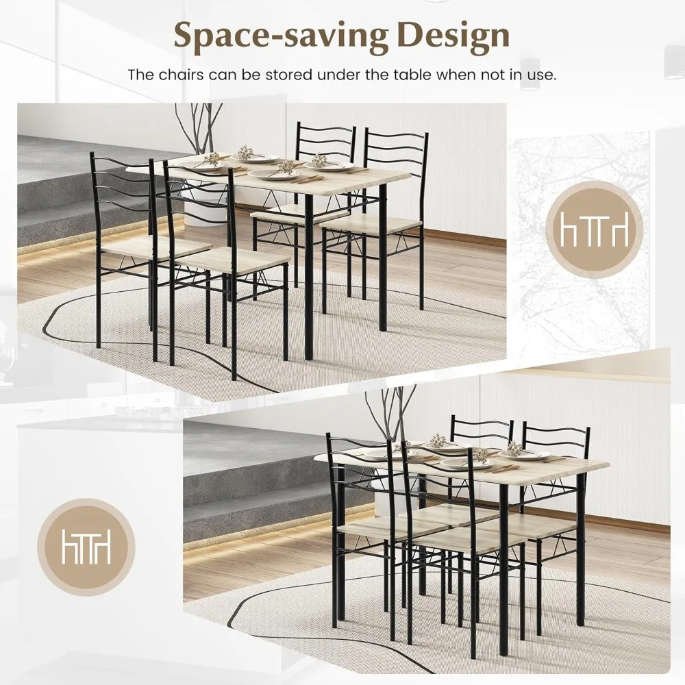 Kitchen Table Chairs Set of 4, 5 Piece Metal Rectangular Dinette Set w/Non-Slip Pad, Space-Saving Design, Modern Dining  Room
