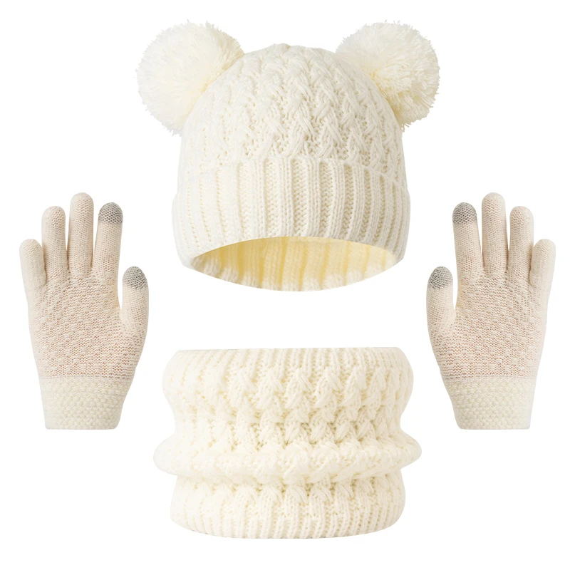 Conjunto de chapéu, cachecol e luva para crianças de 3 a 12 anos, chapéu de inverno engrossado para crianças com boné de malha com padrão colorido de floco de neve