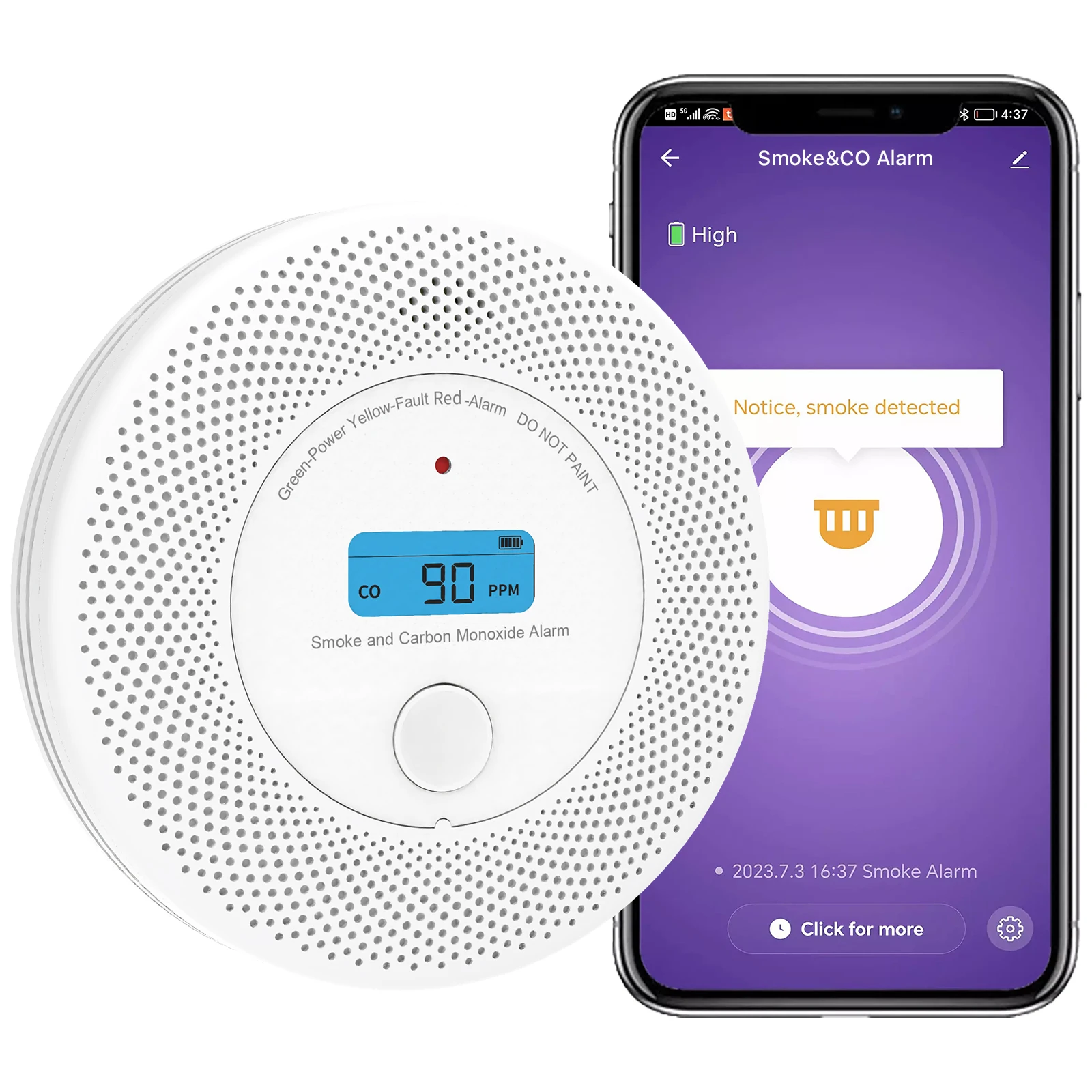 Rilevatore combinato di fumo e CO con app Tuya, doppio sensore 2 in 1, batteria sigillata da 10 anni, APP TuyaSmart / Smart Life, WiFi 2,4 GHz